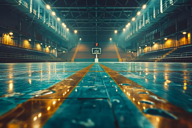 Een verlaten basketbalveld in een verlaten arena een perspectief van een fotograaf op leegte en eenzaamheid