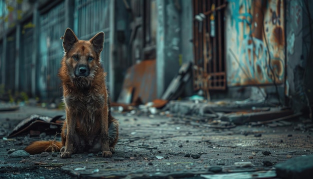 Een verlaten Duitse herder, een zwerfhond die alleen is achtergelaten in de stedelijke wildernis.