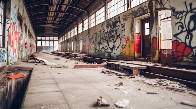 Een verlaten gebouw met graffiti op de muren en een deur waar 'het woord' op staat '