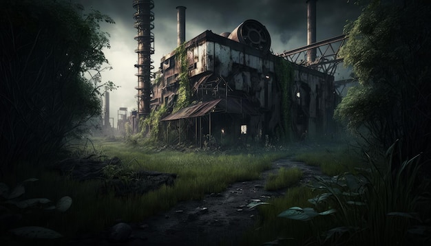 Een verlaten gebouw midden in het bos Generatieve AI