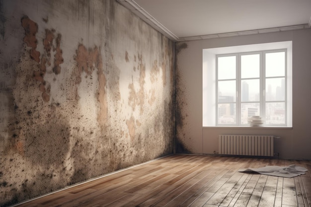 Een verlaten kamer met een versleten houten vloer en afgebladderd behang