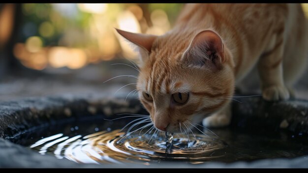 Een verlaten kat drinkt water uit een plas op straat.