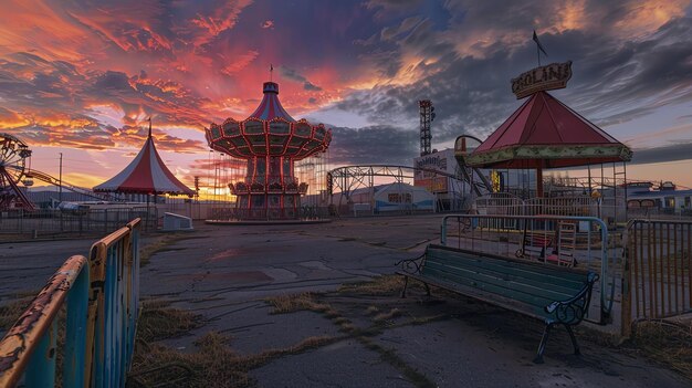 Foto een verlaten pretpark bij zonsondergang de lucht is een levendige oranje en roze en de attracties zijn silhouetten tegen de hemel