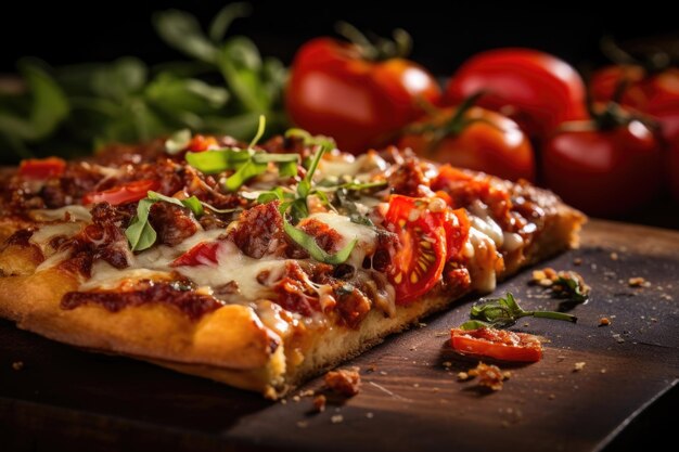 Een verleidelijke close-up van een stuk pizza in St. Louis-stijl die de gistvrije cracker-achtige korst en smaakvolle toppings benadrukt