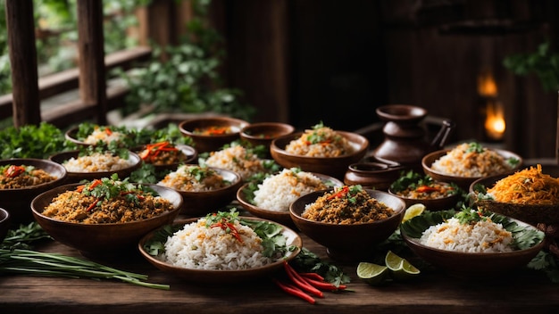 een verleidelijke spreiding van rijst Thaise gerechten kunstmatig gerangschikt op een rustieke houten tafel benadrukken de vibra