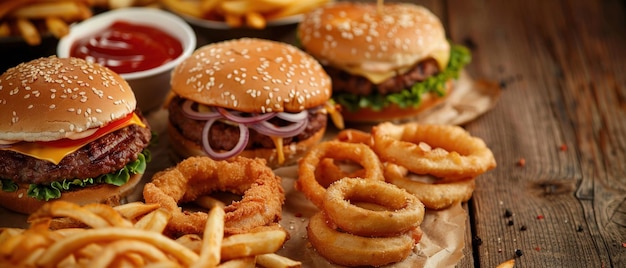 Een verleidelijke verspreiding van klassieke fastfood artikelen, waaronder hamburgers en frietjes.