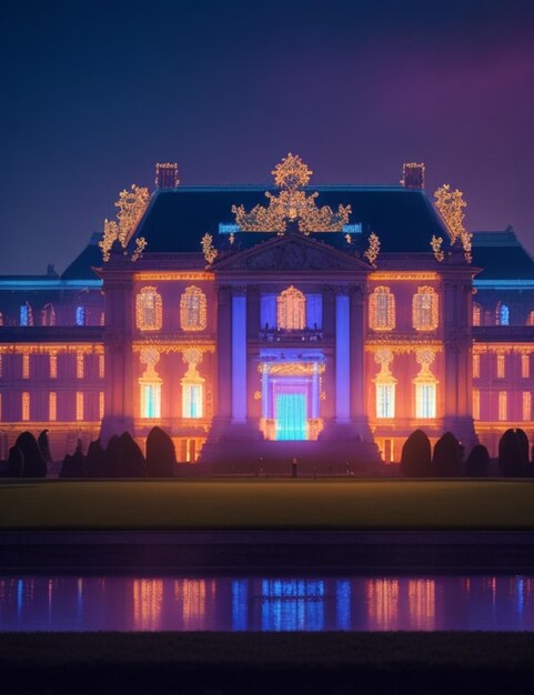 Een verlicht uitzicht op het paleis van Versailles met zijn gloeiende lichten en verlichte details