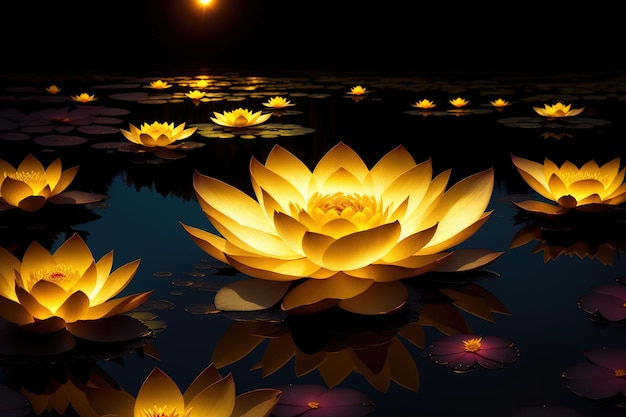 Een verlichte lotusvijver met een verlichte gele lotusbloem die in het water drijft.