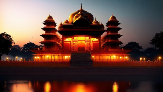 Een verlichte tempel met de lichten aan