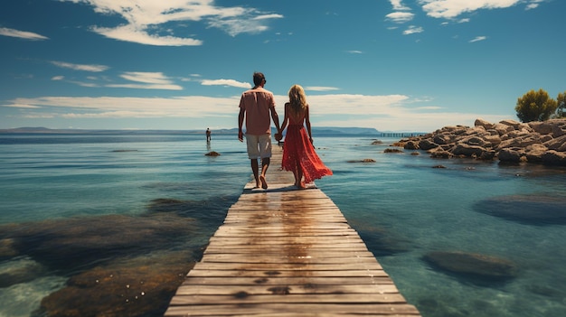 Een verliefd stel loopt op een houten pier in de zeegeneratieve ai.