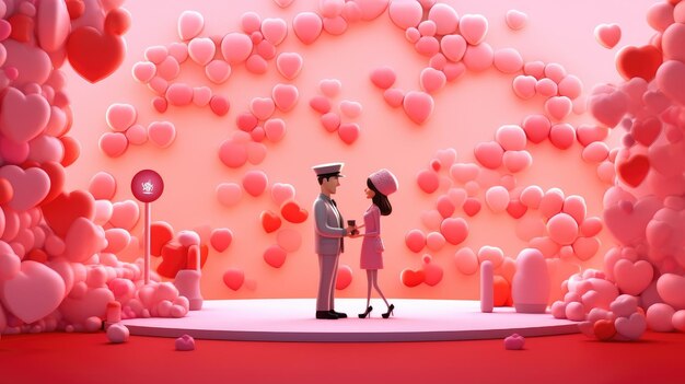 Een verliefd stel staat tegenover elkaar op een roze achtergrond met balletjes