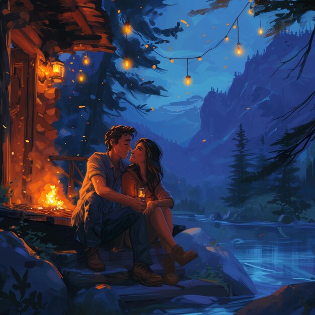 Een verliefd stel zit's nachts op de veranda van een huis bij de oever van de rivier.