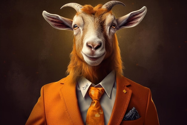 Een vermenselijkte geit verkleed als zakenman in gouden tinten met oranje en beige kleuren Generatieve AI