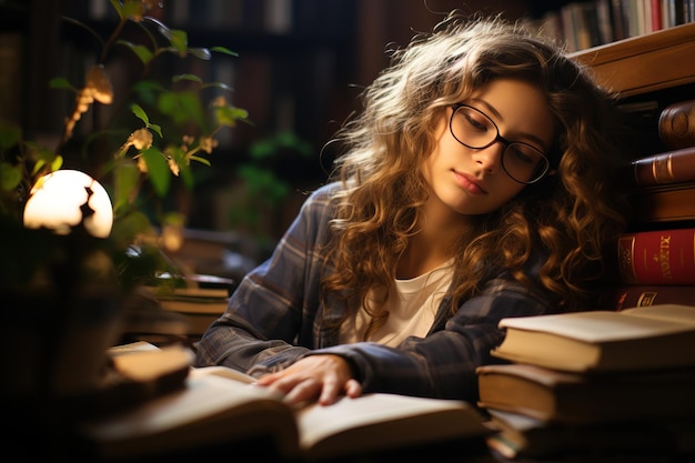 Een vermoeid meisje in de bibliotheek rust bij de boeken uit en doet een dutje