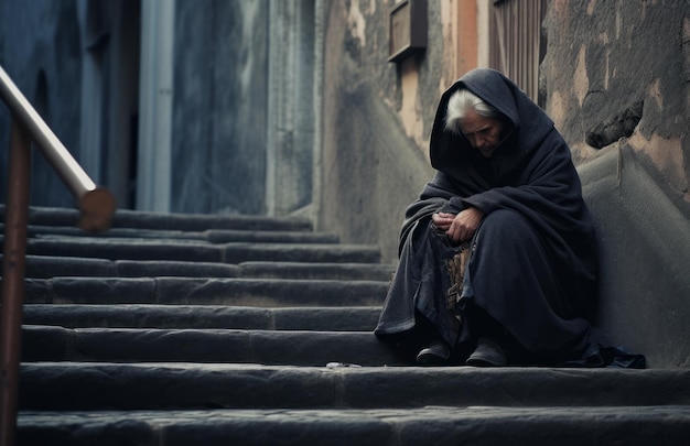 Een vermoeide oude bedelaar vrouw zit op een straat en wacht op iemand om geld of voedsel en water te zetten