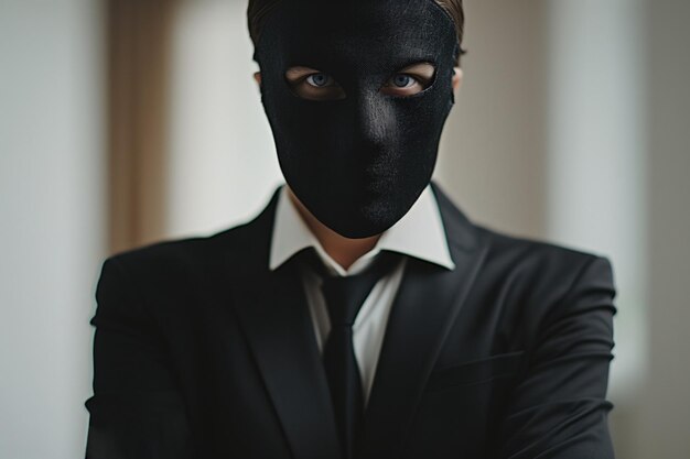 Een vermomde bedrijfspersoon die persoonlijke motieven en ware bedoelingen achter een masker verbergt.