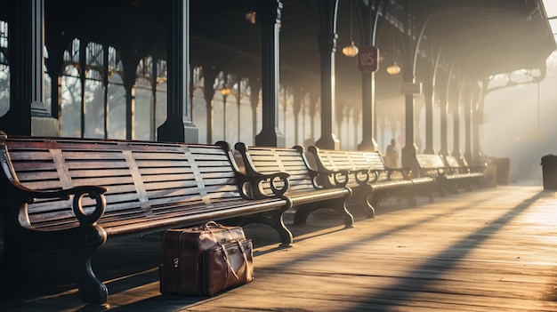 Een verouderd treinstationplatform met houten banken en vintage bagage