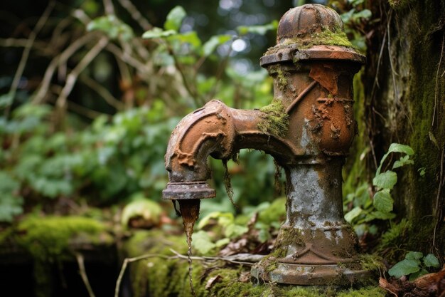 Een verouderde watertap in de tuin die onder de roest zit