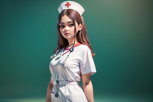Een verpleegster in een wit uniform met een rood kruis op haar borst