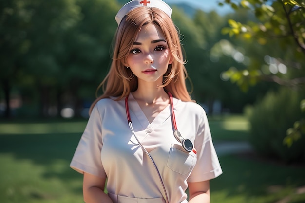 Een verpleegster in een wit uniform staat in een park.