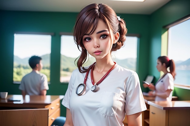Een verpleegster in een wit uniform staat voor een bureau met een man in een groen shirt en een vrouw in een wit uniforme.