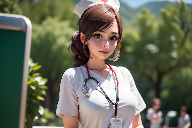 Een verpleegster in verpleegstersuniform staat voor een groene achtergrond.