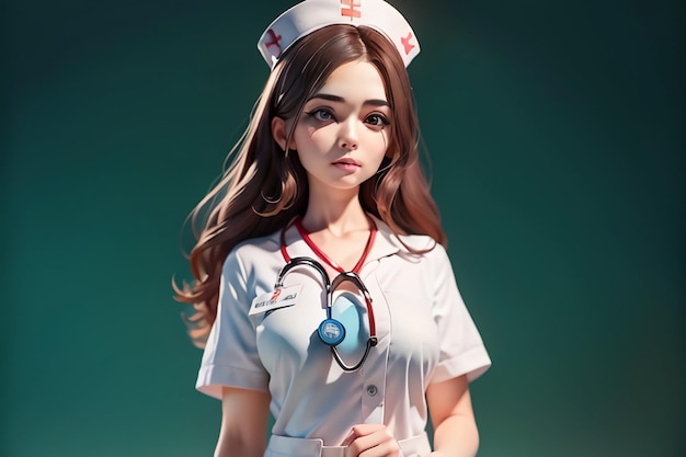 Een verpleegster met een stethoscoop om haar nek staat voor een groene achtergrond.
