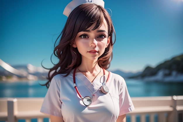 Een verpleegster met een stethoscoop om haar nek staat voor een meer.