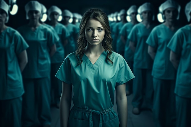 Een verpleegster staat als de achtergrond van vele andere verpleegkundigen in het ziekenhuis AI Generated