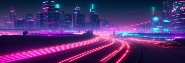 Een verre camerahoek van een neonverlicht stadsbeeld met auto's die rond snelle sporen racen