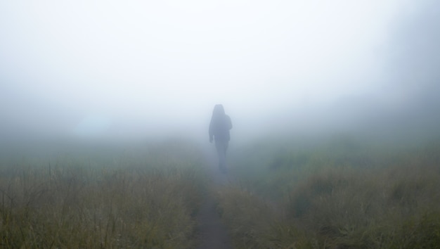 Foto een verre klimmer gaat door de mist