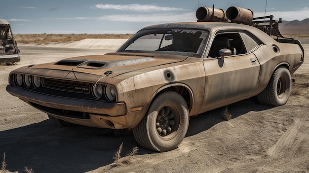 Een verroeste Dodge Charger-auto in de woestijn.