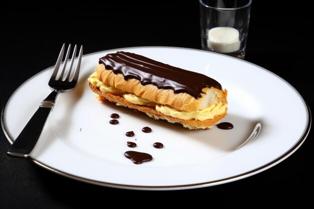 Foto een vers gebakken eclair op een wit bord met een zilveren vork