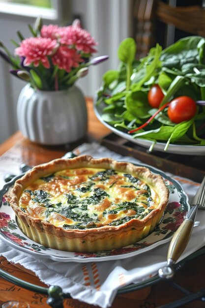 Foto een vers gebakken spinachquiche op een decoratieve keramische plaat vergezeld van een groene salade