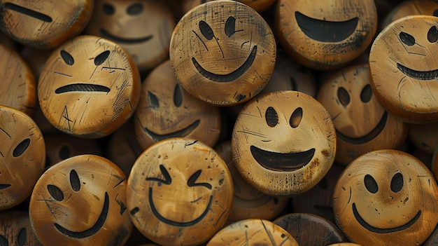 Foto een verscheidenheid aan 3d-gerenderde houten emoji gezichten met verschillende uitdrukkingen de achtergrond is een vervaagde versie van dezelfde emoji gezichtjes