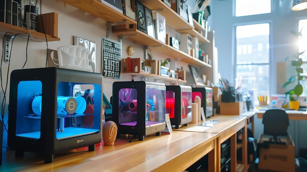 Foto een verscheidenheid aan 3d-printers zitten op een houten tafel in een makerspace