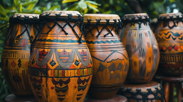 Een verscheidenheid aan Afrikaanse trommels wordt in een verscheidenheid van kleuren en patronen tentoongesteld