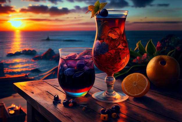 Een verscheidenheid aan alcoholische cocktaildranken met het strand bij zonsondergang op achtergrondillustratie Generatieve AI