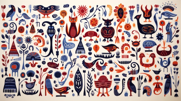 Een verscheidenheid aan dieren in verschillende kleuren in de stijl van de traditionele Mexicaanse witte achtergrond