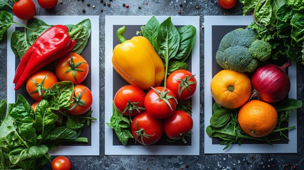 Een verscheidenheid aan digitale illustraties met verse biologische groenten een tekstgebied en een plaats voor een logo Groenten en vitamines moderne illustratie Een promotieplaat met seizoensgebonden oogst geïsoleerd op