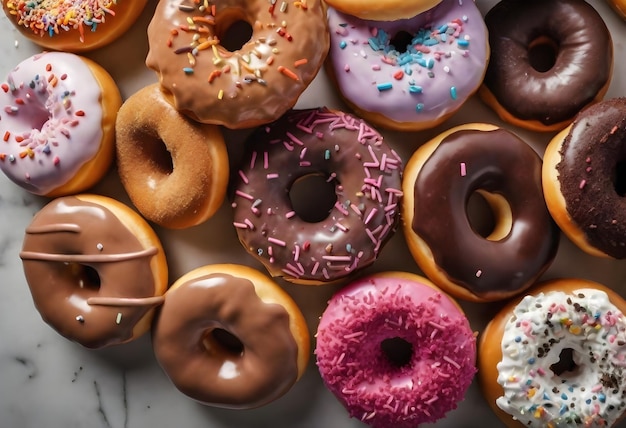 Een verscheidenheid aan donuts met verschillende toppings en glazuren, inclusief strooitjes dicht bij elkaar