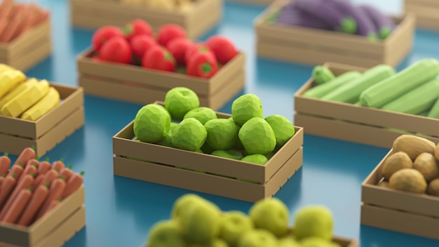 Een verscheidenheid aan dozen vol veelhoekige groenten en fruit op een blauwe achtergrond 3D-rendering