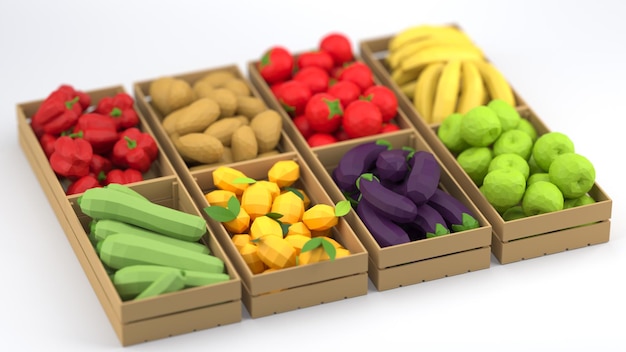 Een verscheidenheid aan dozen vol veelhoekige groenten en fruit op een witte achtergrond 3D-rendering