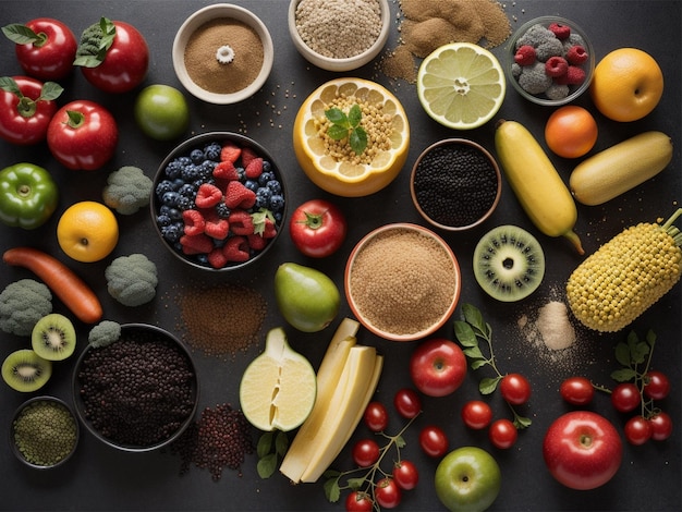 een verscheidenheid aan fruit en groenten in schalen voedsel focus gezondheid voedsel fotografie