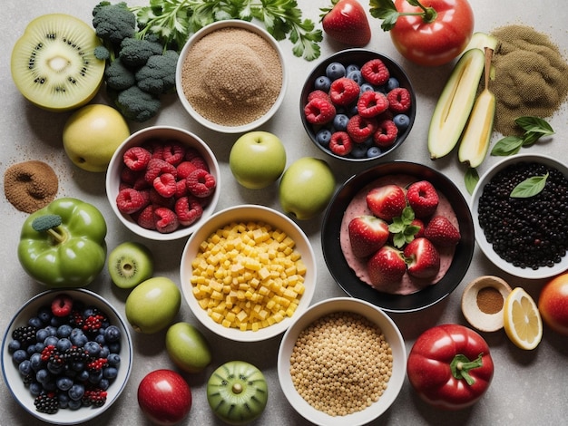 Foto een verscheidenheid aan fruit en groenten in schalen voedsel focus gezondheid voedsel fotografie