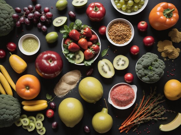 een verscheidenheid aan fruit en groenten in schalen voedsel focus gezondheid voedsel fotografie