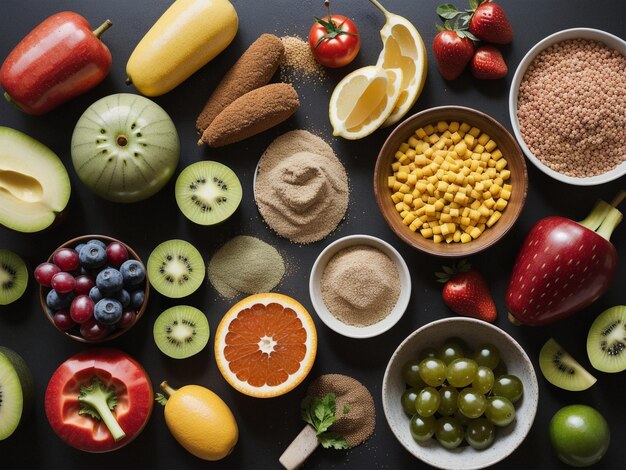 een verscheidenheid aan fruit en groenten in schalen voedsel focus gezondheid voedsel fotografie