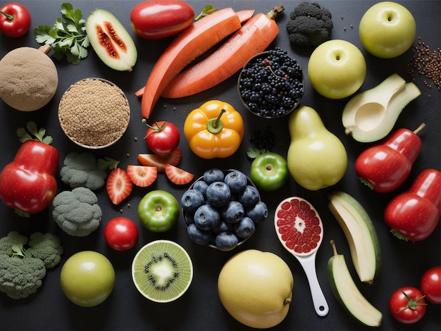 een verscheidenheid aan fruit en groenten in schalen voedsel focus gezondheid voedsel fotografie