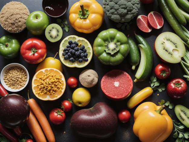 een verscheidenheid aan fruit en groenten in schalen voedsel focus gezondheid voedsel fotografie