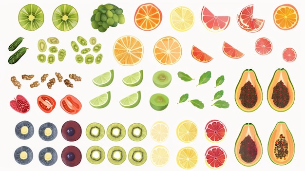 Een verscheidenheid aan fruit en groenten is te zien, waaronder appels, sinaasappels, bananen, druiven en avocado's. De vruchten en groenten zijn allemaal op een visueel aantrekkelijke manier gerangschikt.
